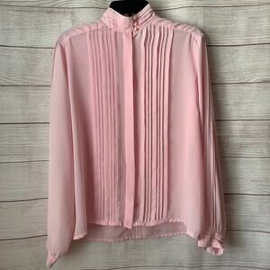 Vintage Pink Button Up Blouse Pleated Mandarin Collar Long Cuffed Sleeves 14